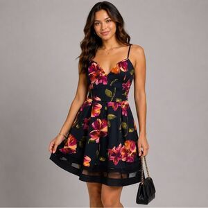BOOHOO Floral Fit Flare Spaghetti Strap Dress Black Pink Blooms Floral V Neck 8